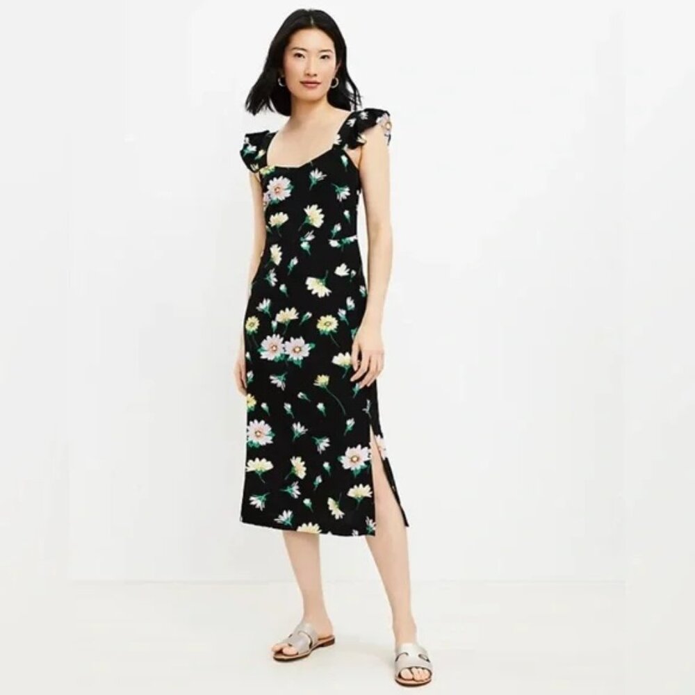 LOFT Black Floral Ruffle Strap Midi Dress size 8